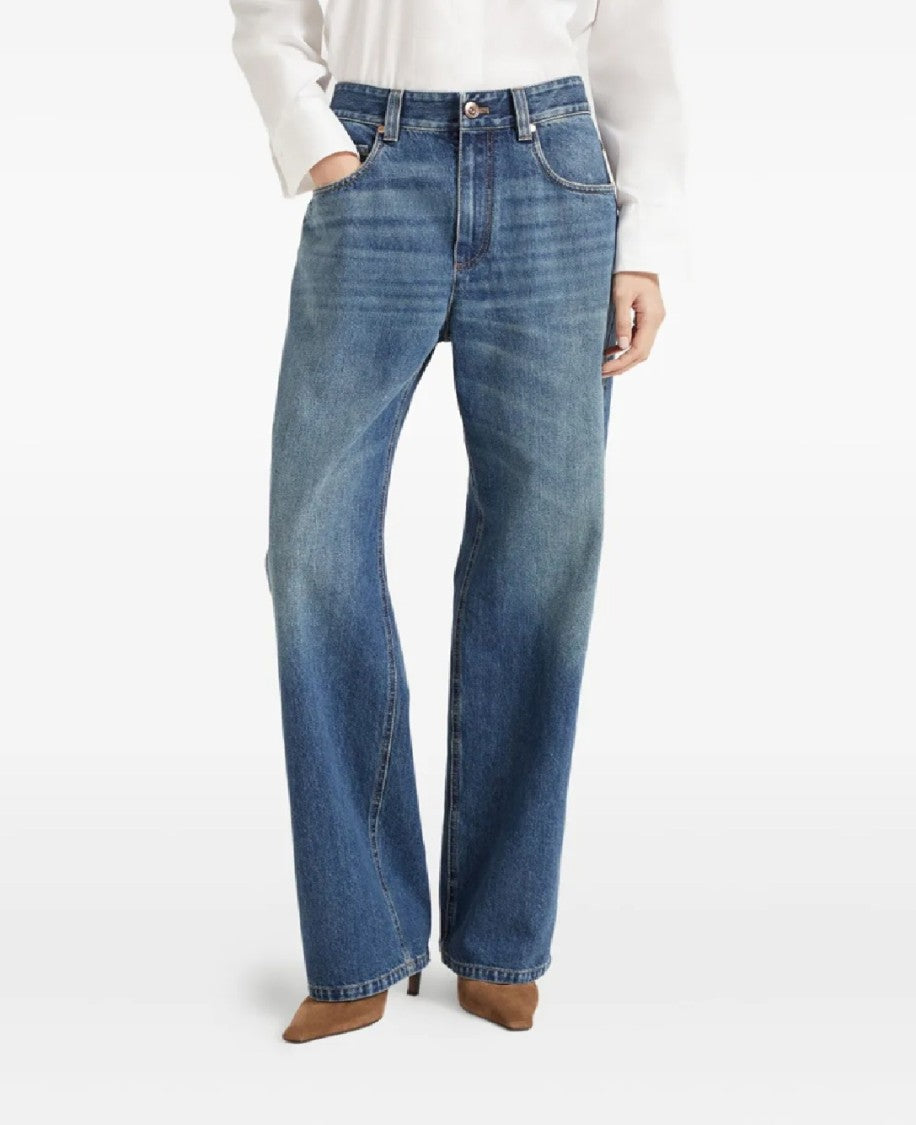 Brunello Cucinelli High-Waisted Wide-Leg Denim Trousers