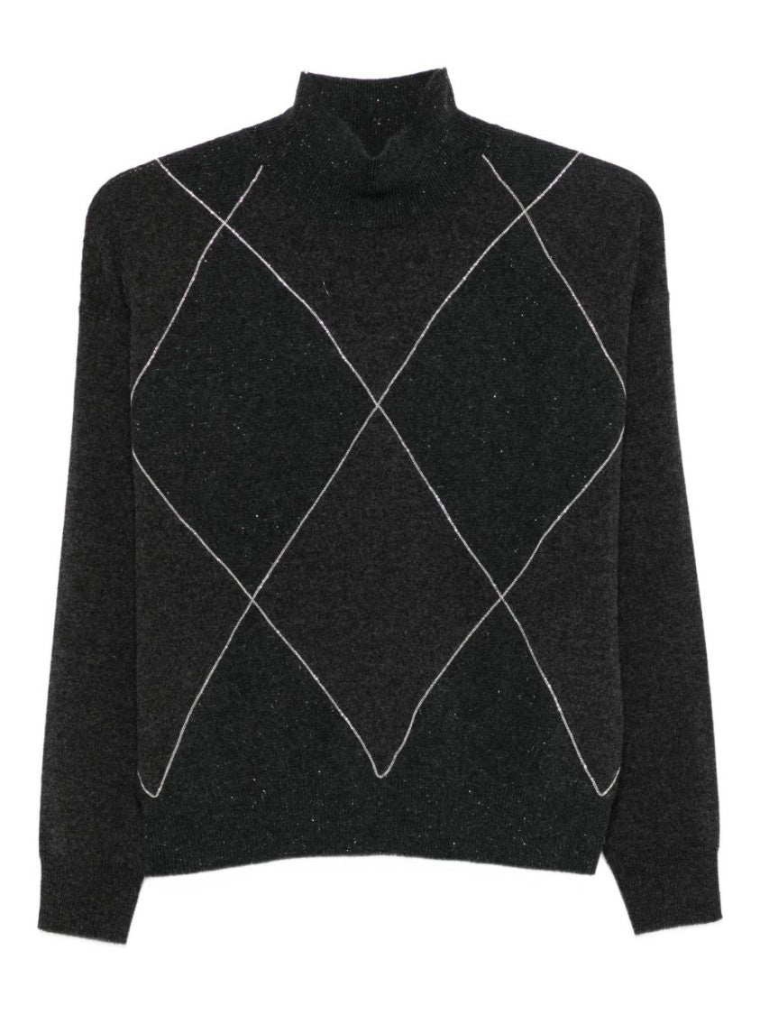 Peserico Diamond-Pattern Grey Sweater With High Neckline