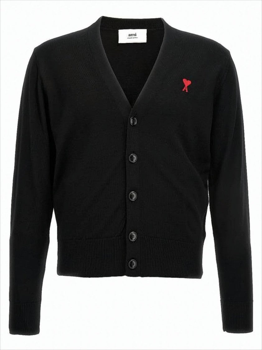 Ami Classic V-Neck Cardigan With Embroidered Heart Detail