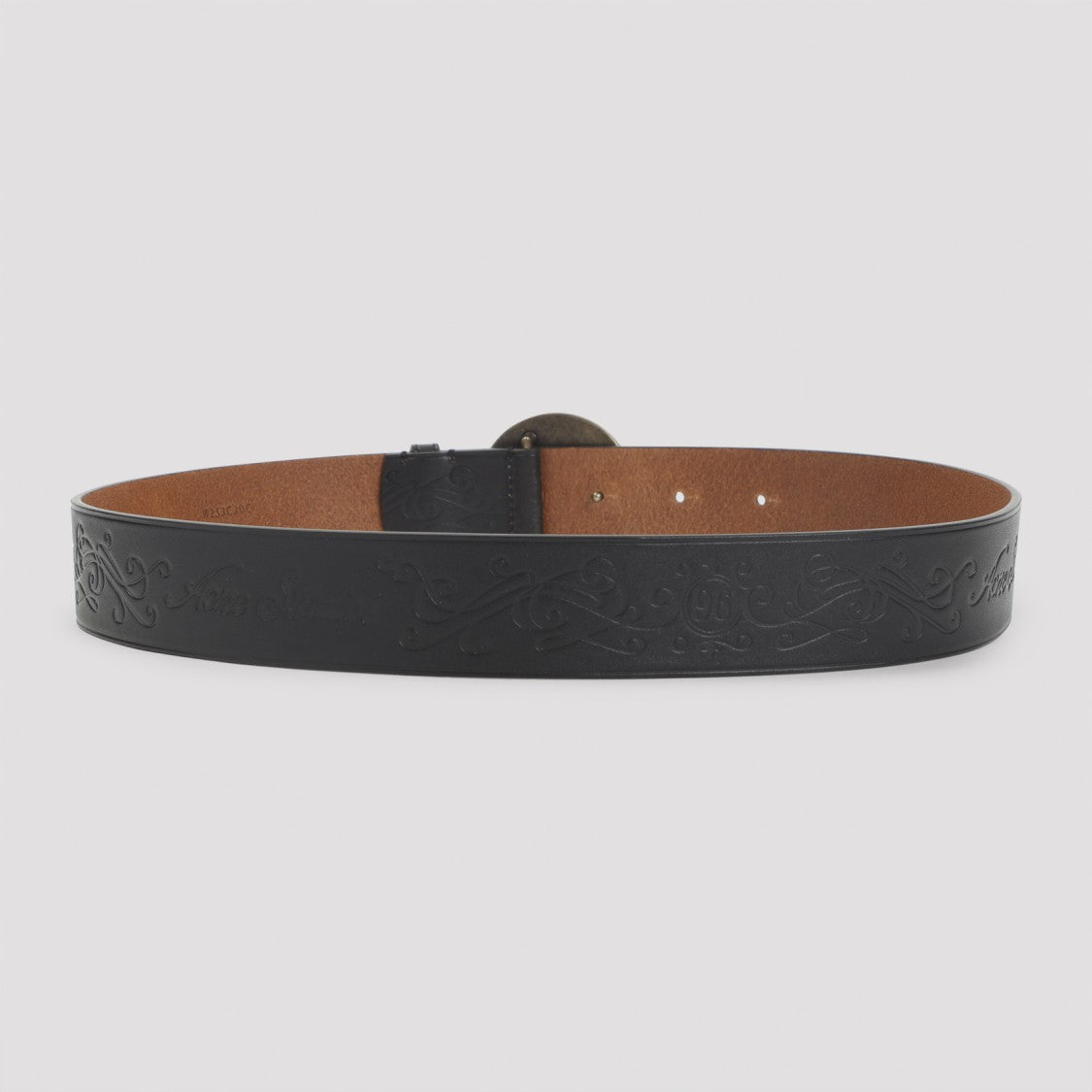 Acne Studios Embossed Black Calf Leather Belt With Aged Gold-Tone Buckle