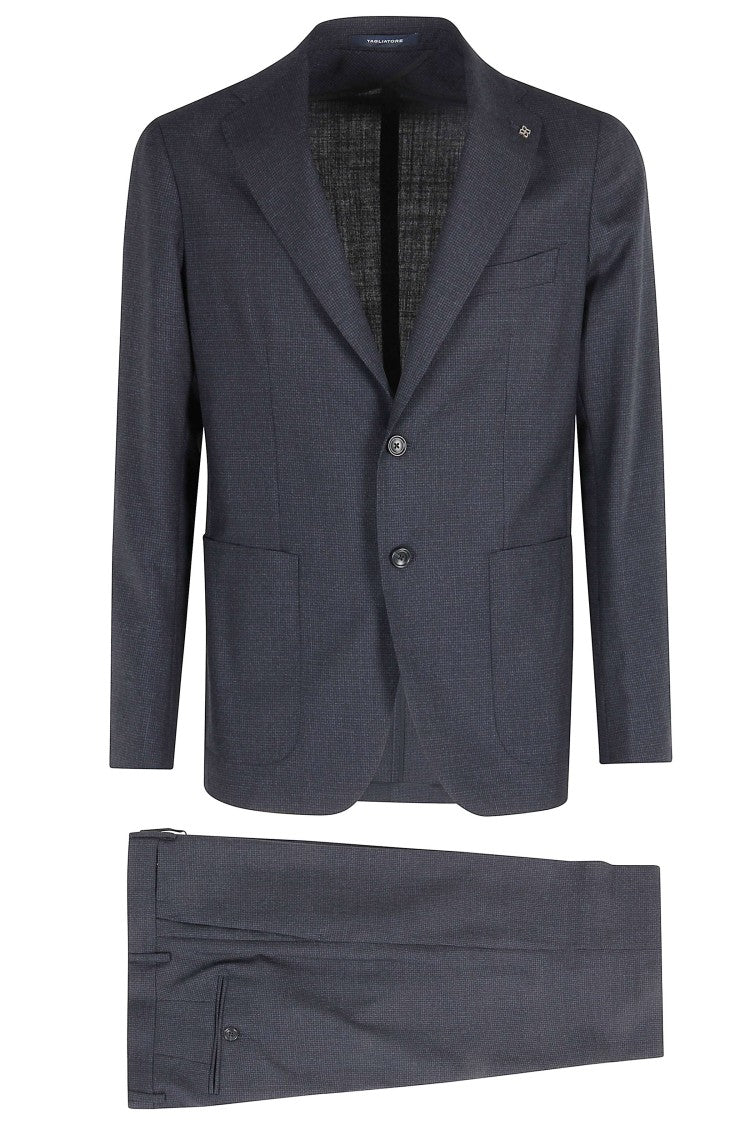 Tagliatore Pied De Poule Blue Suit With Spread Lapel And Slim-Fit Pants