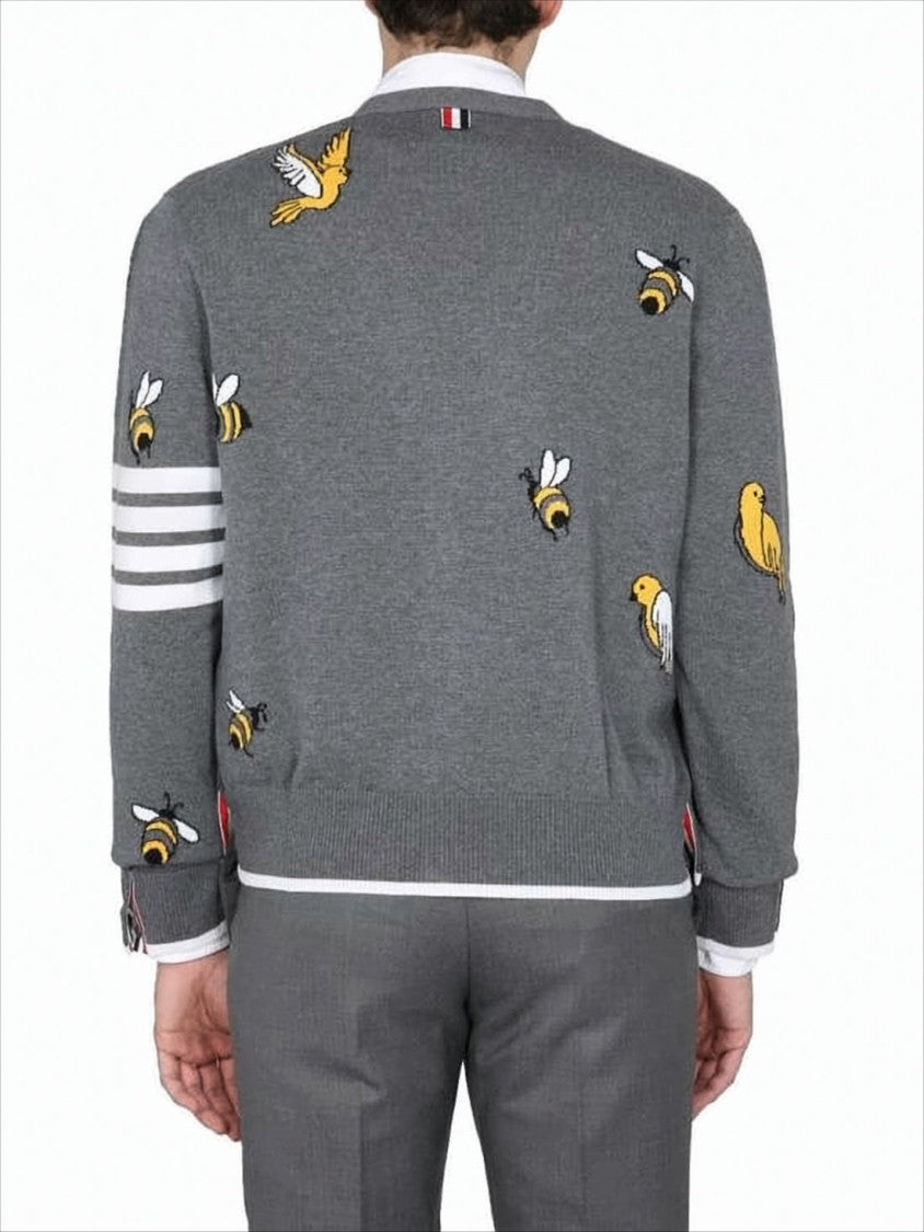 Thom Browne Grey Knit Cardigan With Embroidered Bees And Birds