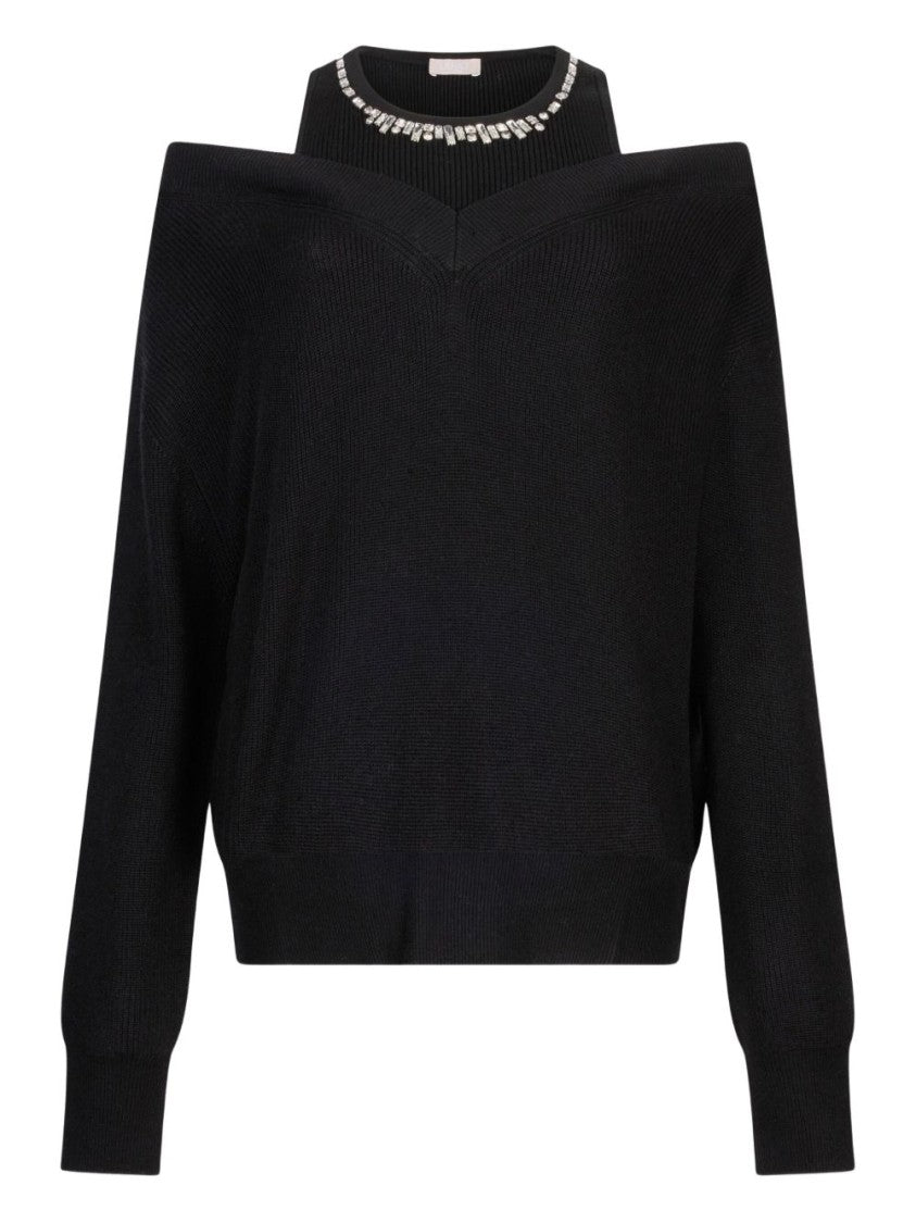 Liu Jo Off-Shoulder Black Knit Sweater With Elegant Embellishments