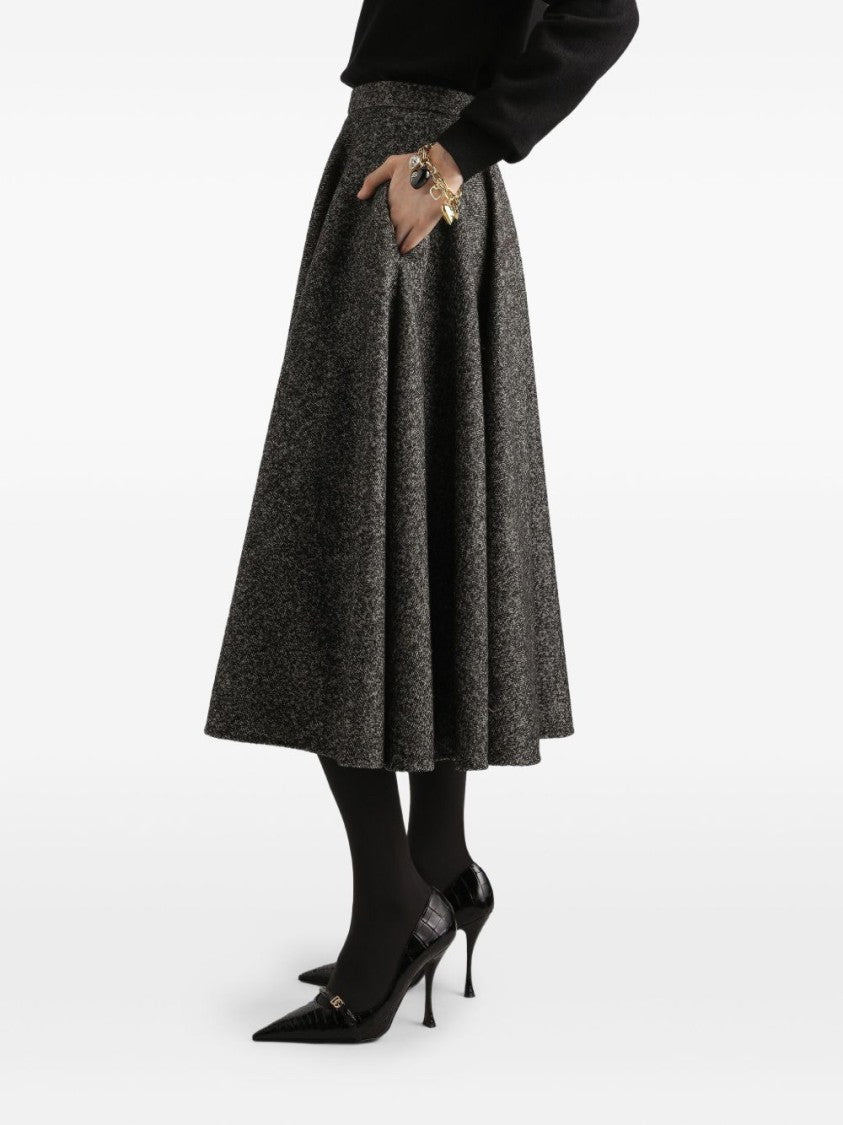 Dolce & Gabbana Flared Polka Dot Midi Skirt In Textured Wool Blend