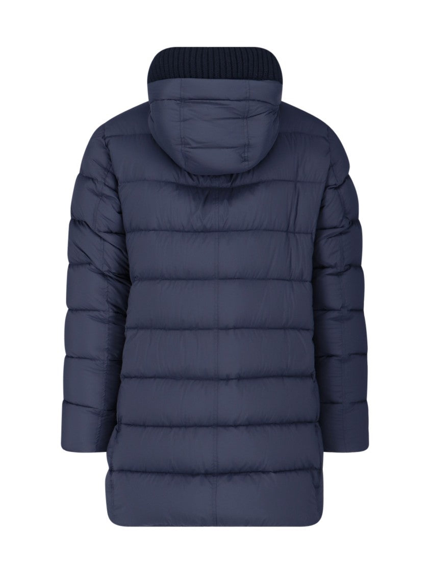 Herno Long Navy Padded Quilted Jacket With Detachable Hood