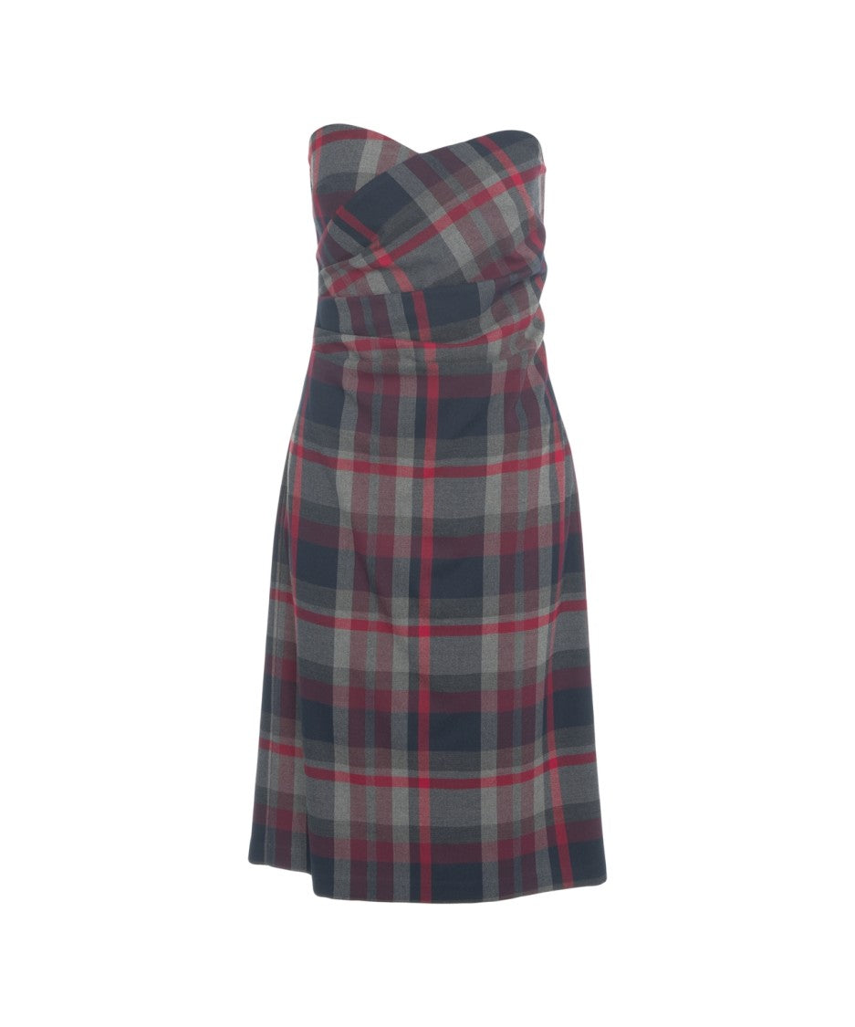 Ottod'ame Strapless Midi Dress With Draped Bodice And Classic Check Pattern