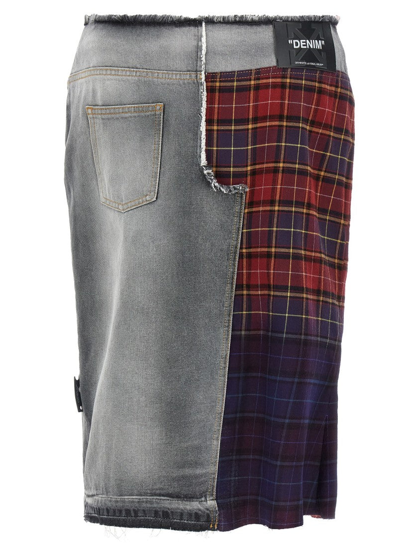 Off-White Patchwork Midi Skirt With Stonewashed Cotton Front