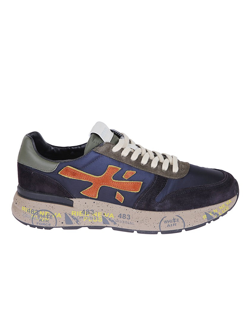 Premiata Low-Top Sneakers With Blue Technical Fabric And Green Leather Accents