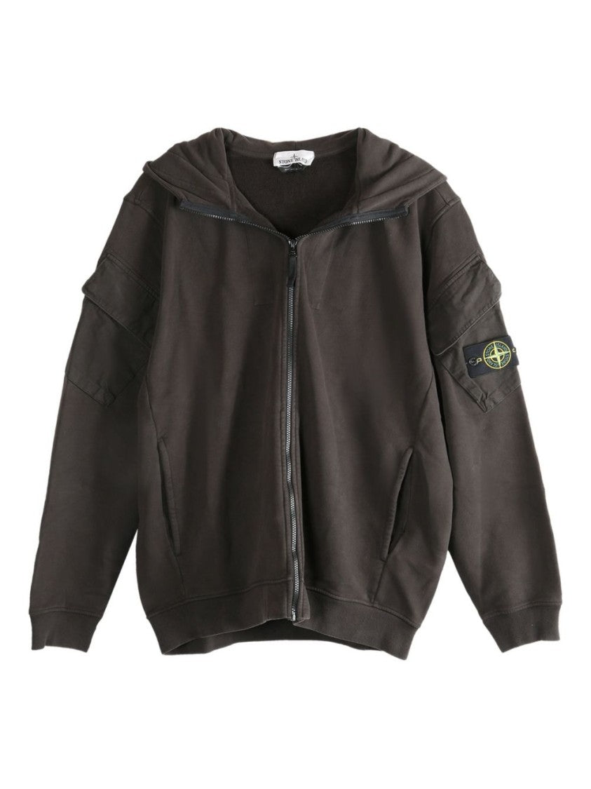 Stone Island Dark Grey Zip-Up Hoodie With Ribbed Cuffs