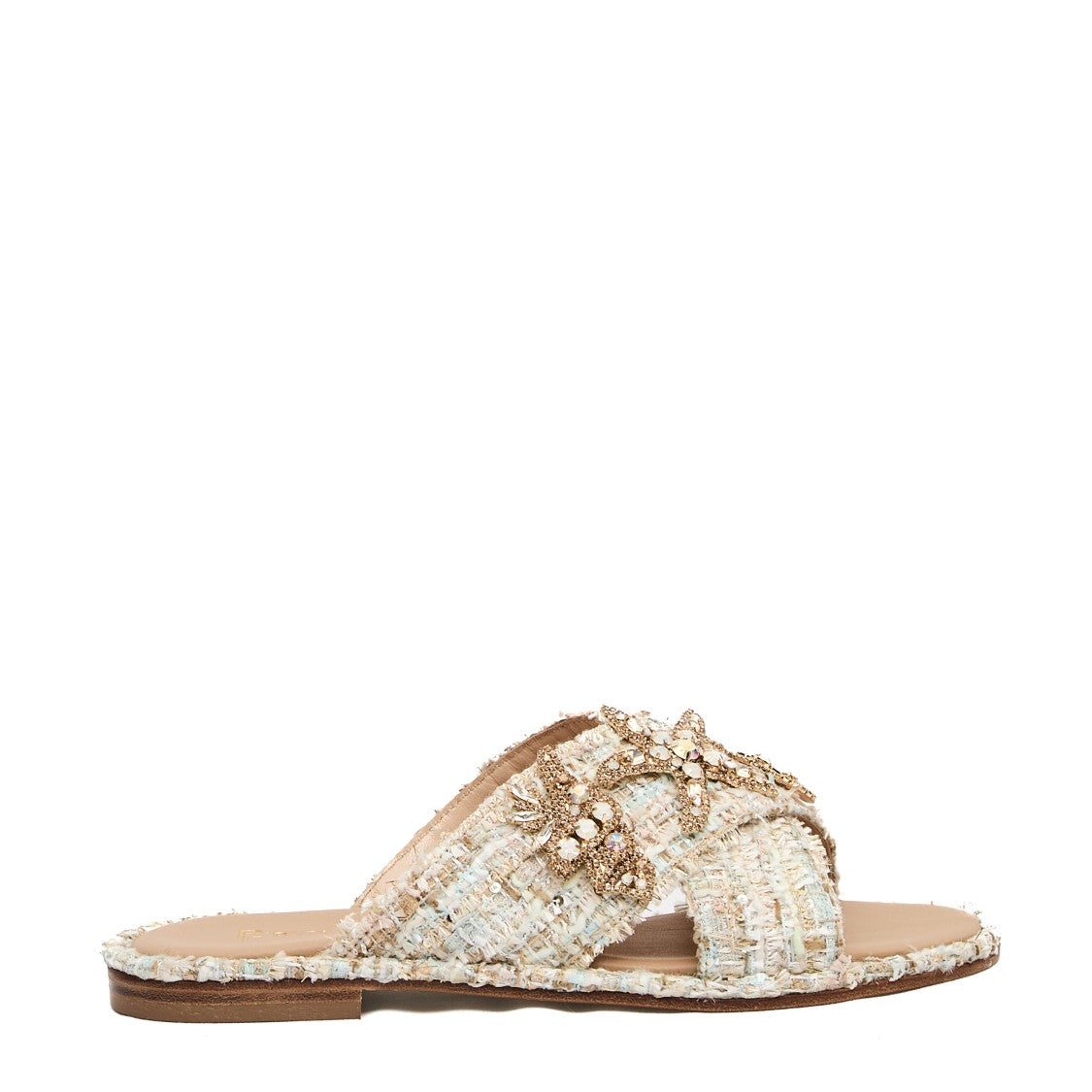 Paola Fiorenza Blue And Pink Bouclè Slipper With Rhinestones