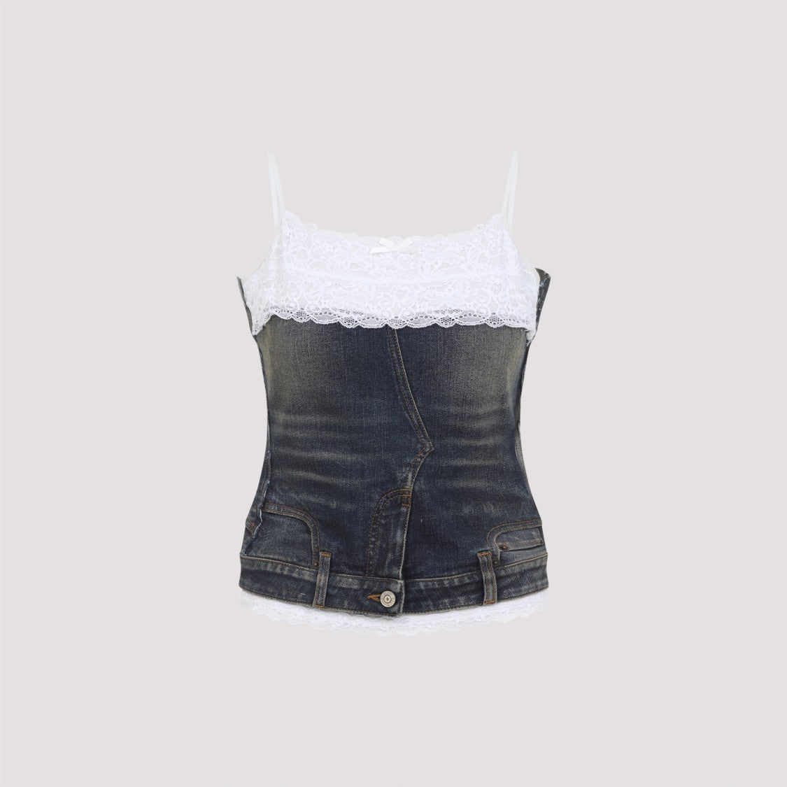 Balenciaga Fitted Blue Cotton Top With Lace Insert