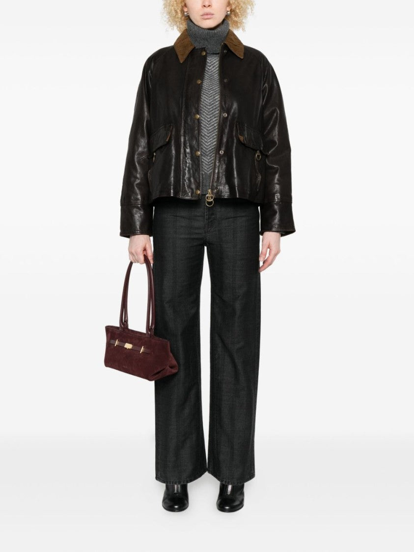 The Jack And Jackie Leathers Brown Leather Jacket With Textured Corduroy Collar