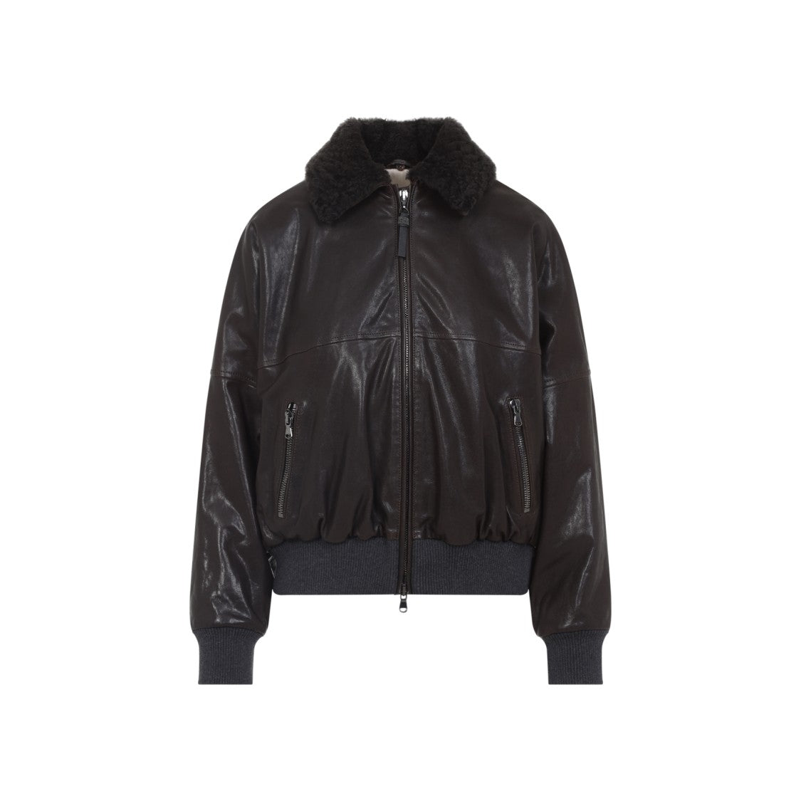 Brunello Cucinelli Coffee Brown Leather Shearling Collar Jacket