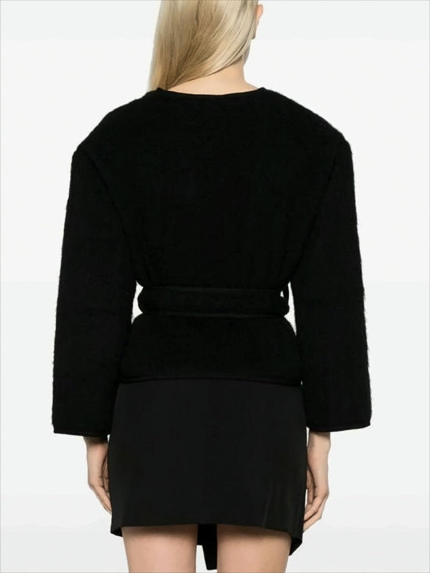 Baserange Cropped Black Wool Jacket With Wrap-Style Front And Belt