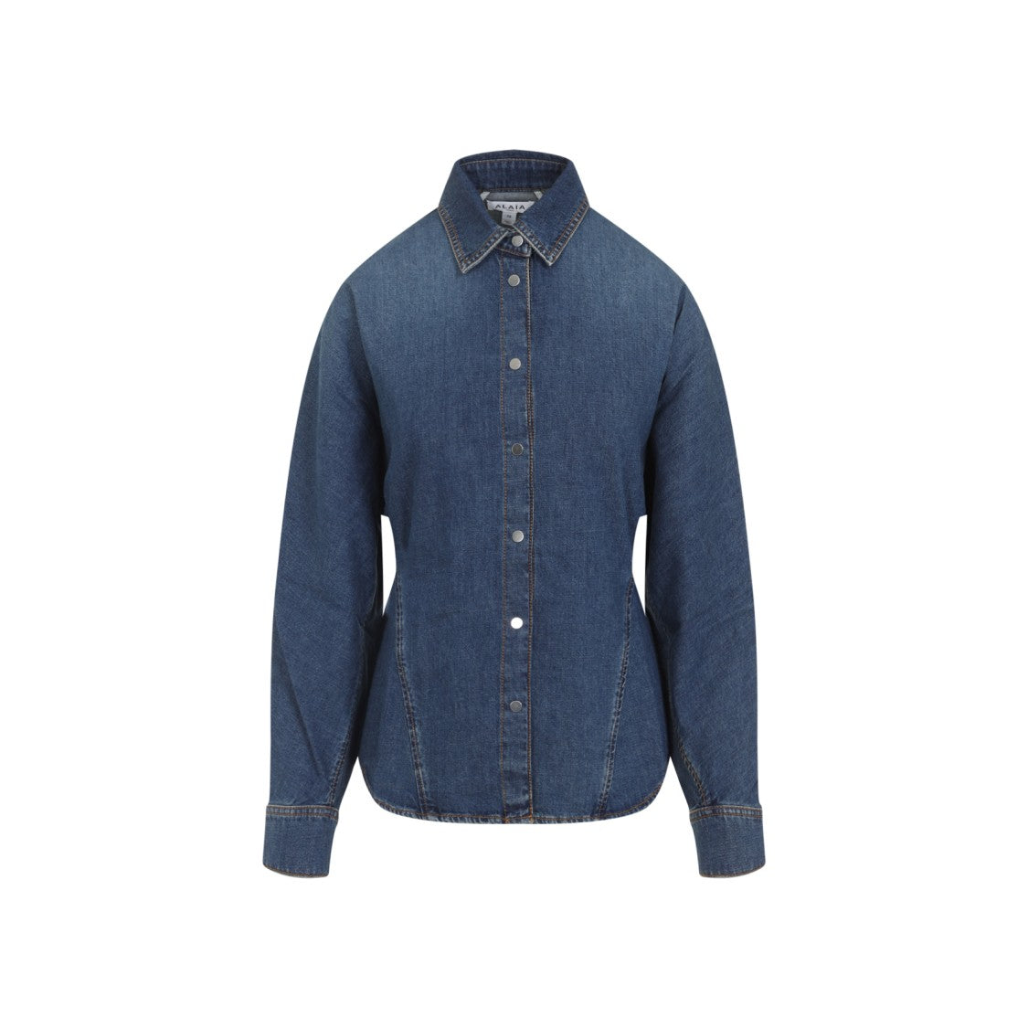 Alaïa Mineral Blue Cotton Curved Shirt With Pointed Collar