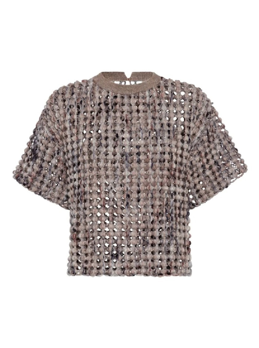 Brunello Cucinelli Open-Weave Short-Sleeved Top In Neutrals