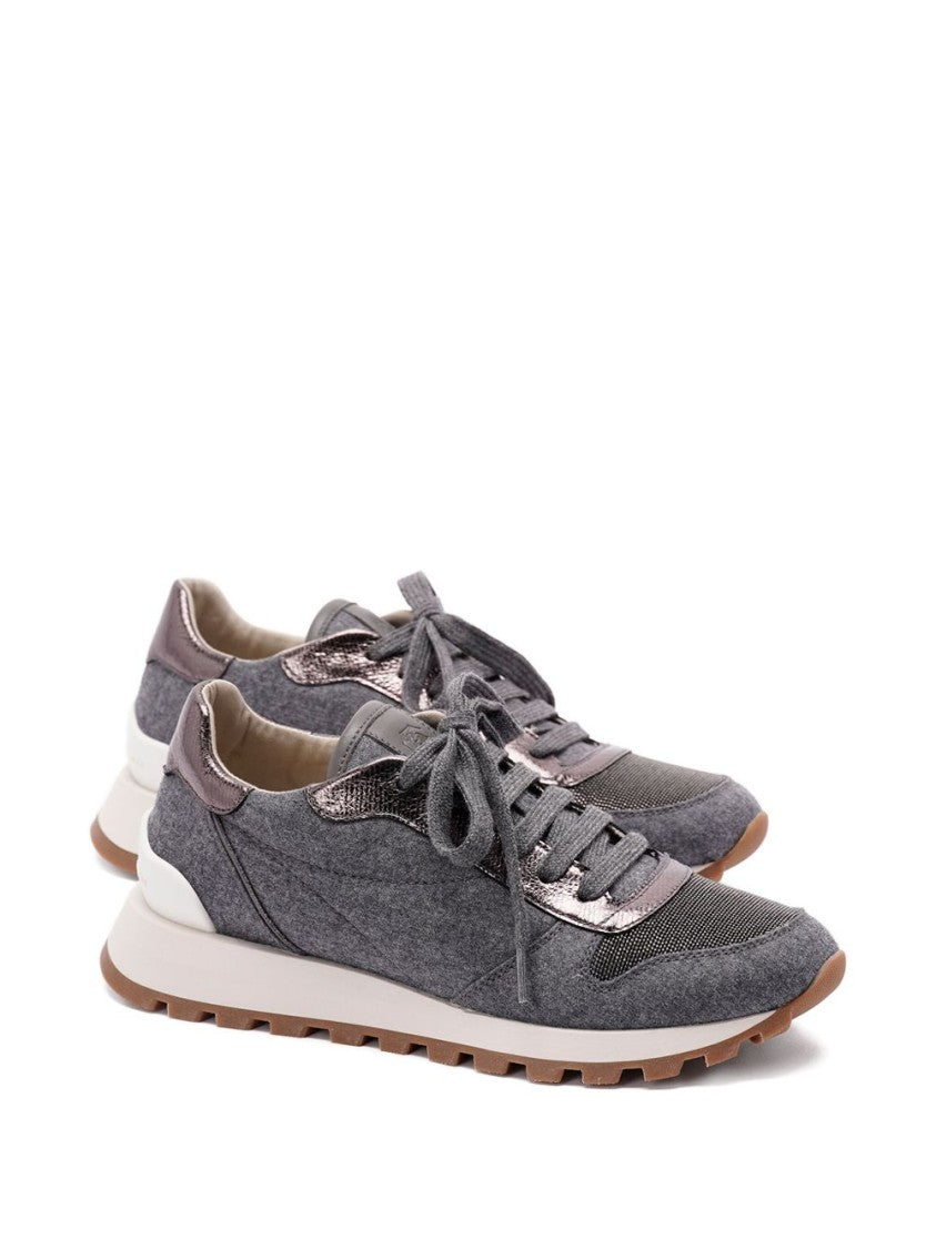 Brunello Cucinelli Gray Wool Sneaker With Monili Detail