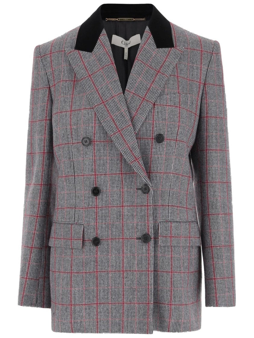 Chloé Double-Breasted Jacket With Velvet Collar And Plaid Design