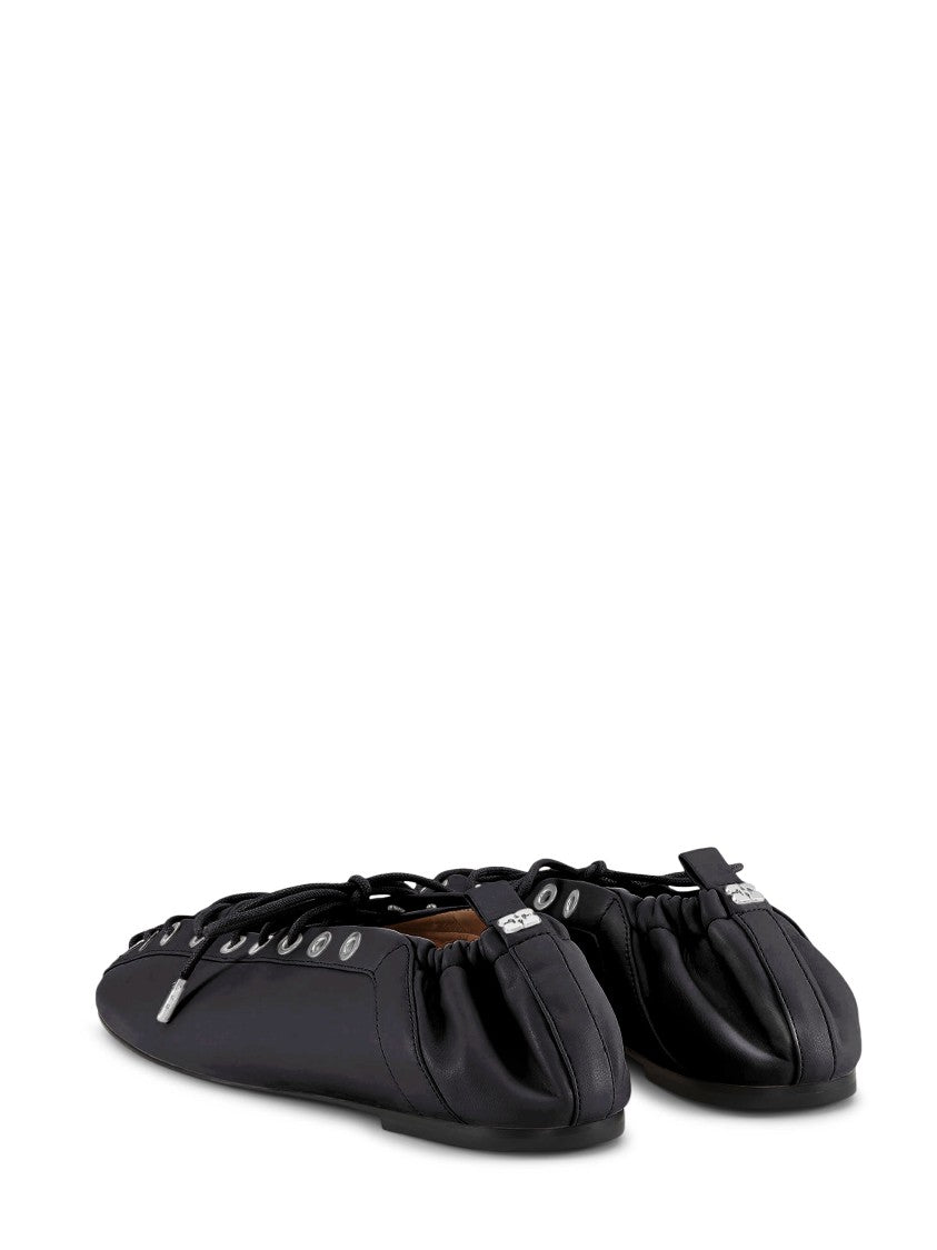 Ganni Eyelets Lace-Up Ballerina Flats With Crinkle Oleatex Finish