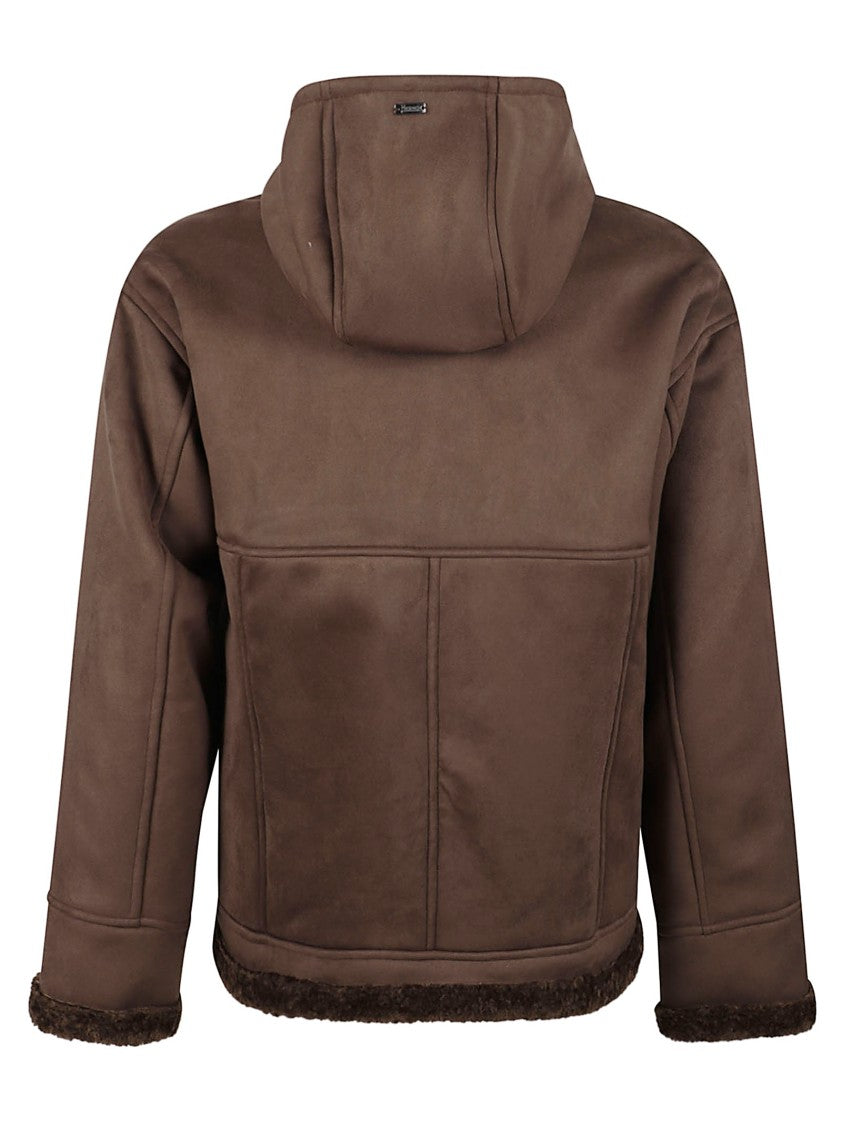 Herno Eco-Leather Suede Hooded Jacket With Warm Shearling Lining