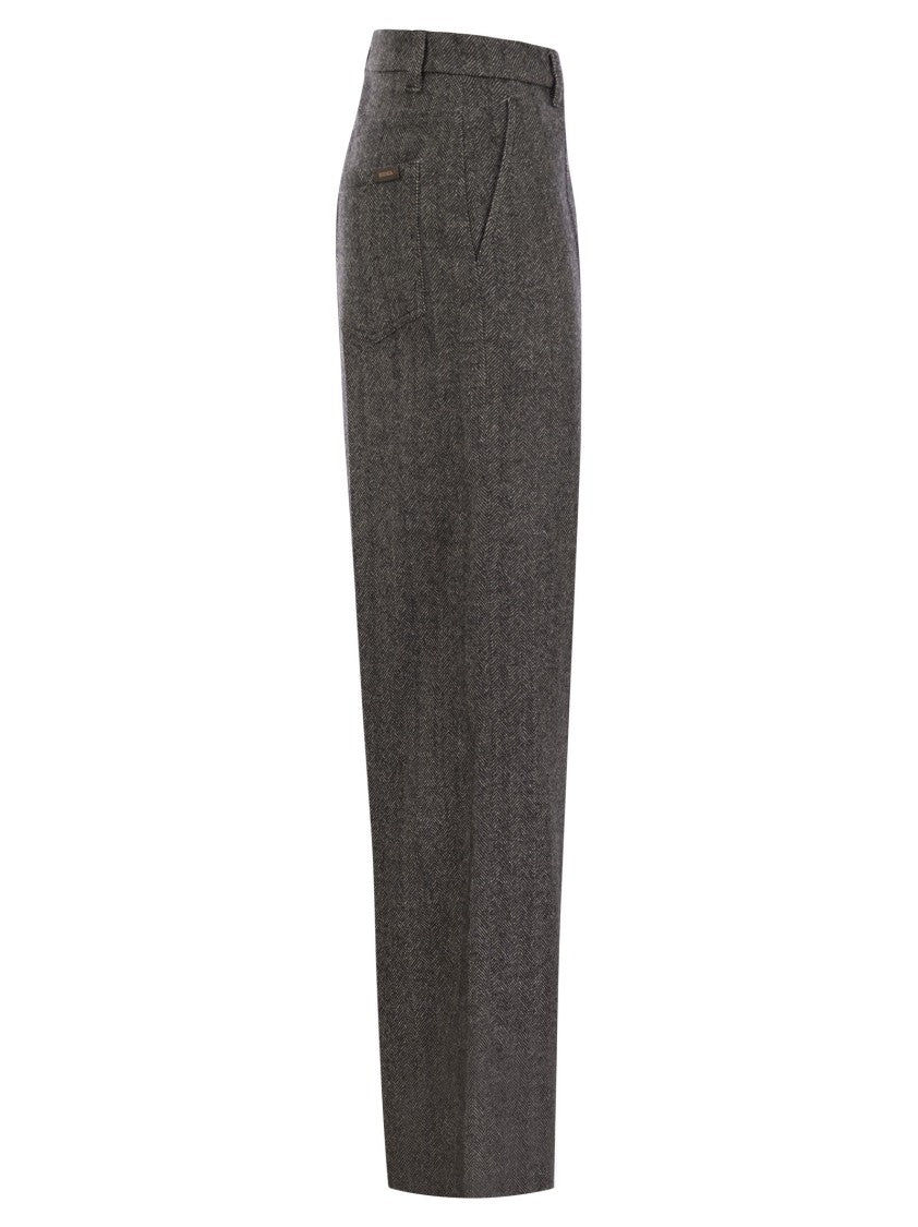Brunello Cucinelli Loose Sartorial Chevron Carded Techno Wool Trousers