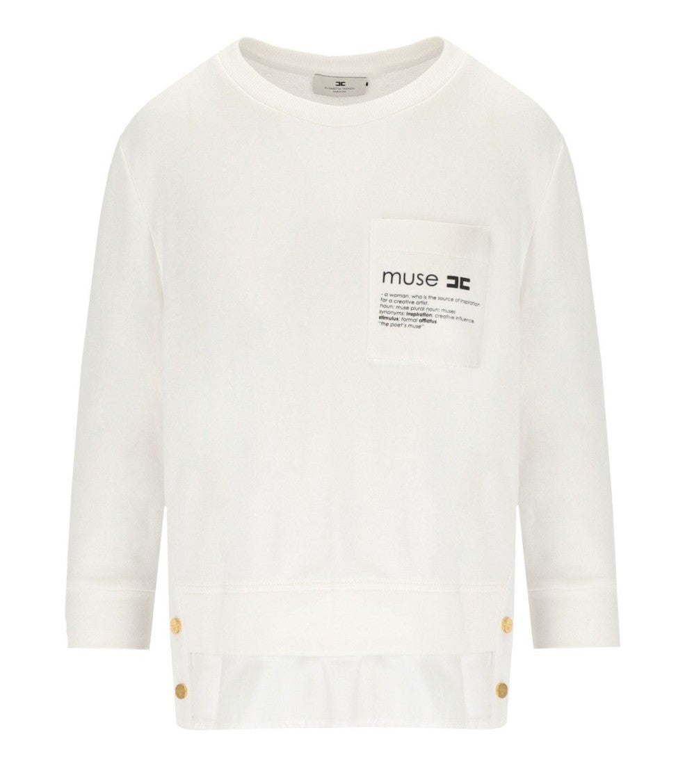 Elisabetta Franchi Ivory Sweatshirt With Poplin Hem And Logo Details