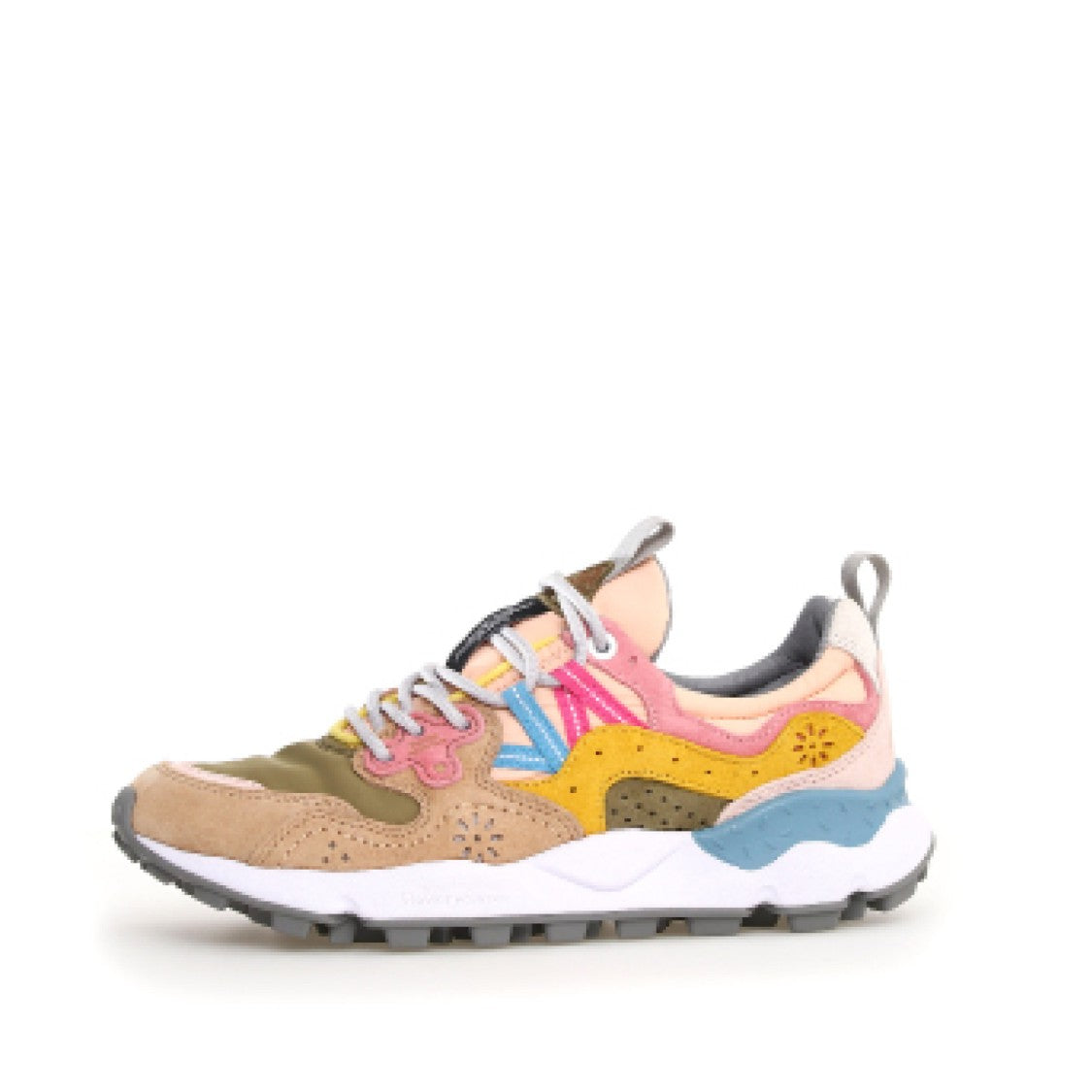 Flower Mountain Yamano In Beige Suede And Olive Green Fabric Sneakers