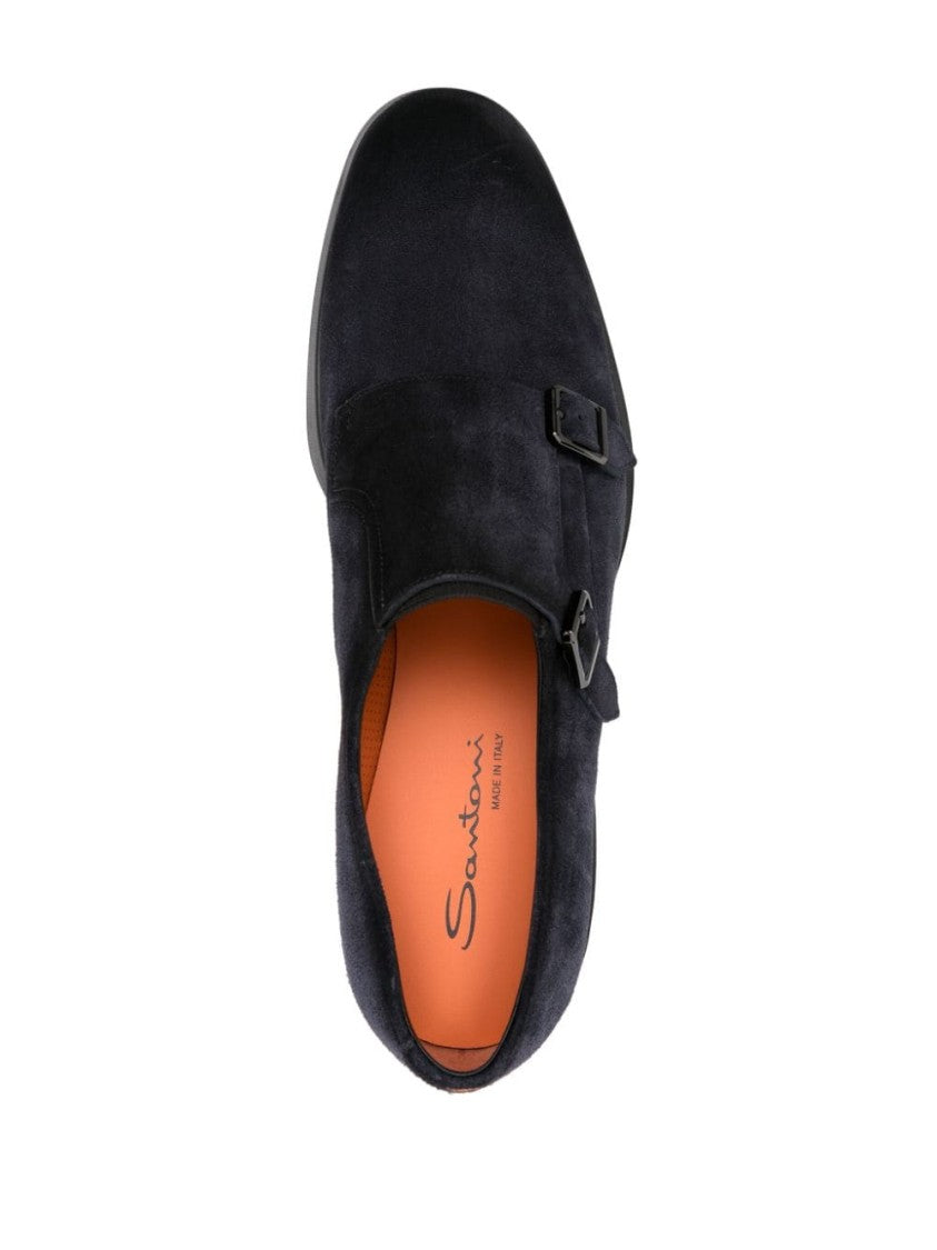Santoni Black Suede Moccasin With Double Monk Strap