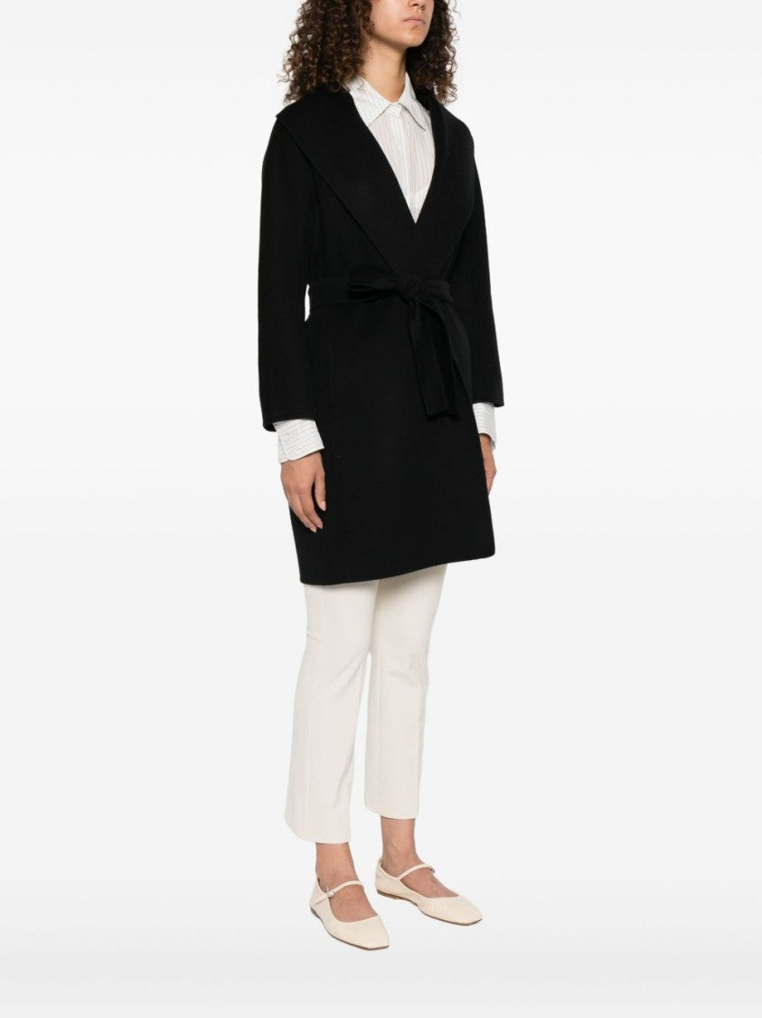 Max Mara Wrap Black Coat With Self-Tie Belt