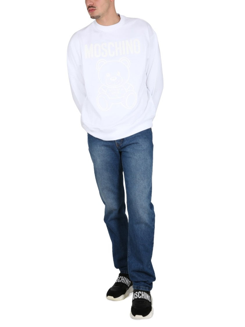 Moschino Cross-Neck White Sweatshirt With Playful Teddy Bear Graphic