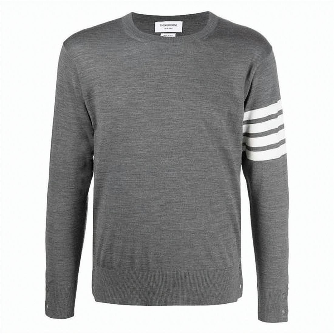 Thom Browne Fine-Knit Grey Merino Wool Sweater With Striped Accent