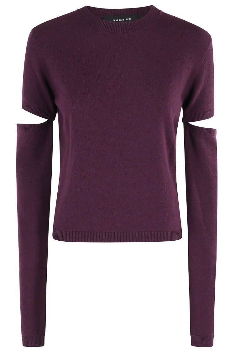 Federica Tosi Eggplant Crew Neck Sweater With Adjustable Sleeve Length