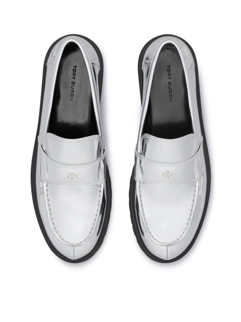 Tory Burch Mirrored Metallic Classic Logo Lug Loafers