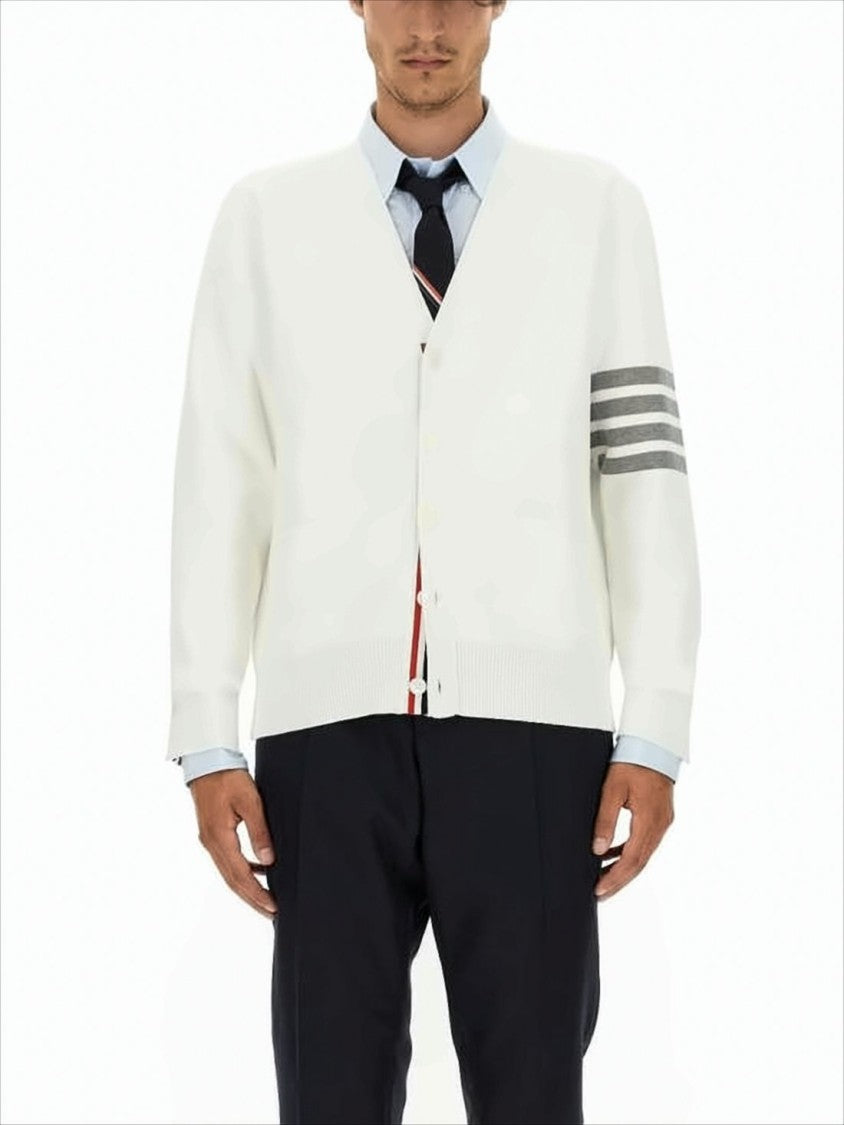 Thom Browne Minimalist White Cotton Cardigan With Ribbed Cuffs And Tricolor Detail