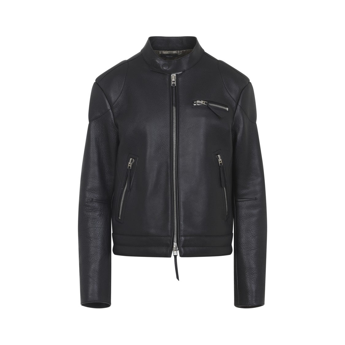 Tom Ford Fitted Black Leather Jacket With Stand Collar And Zippered Cuffs