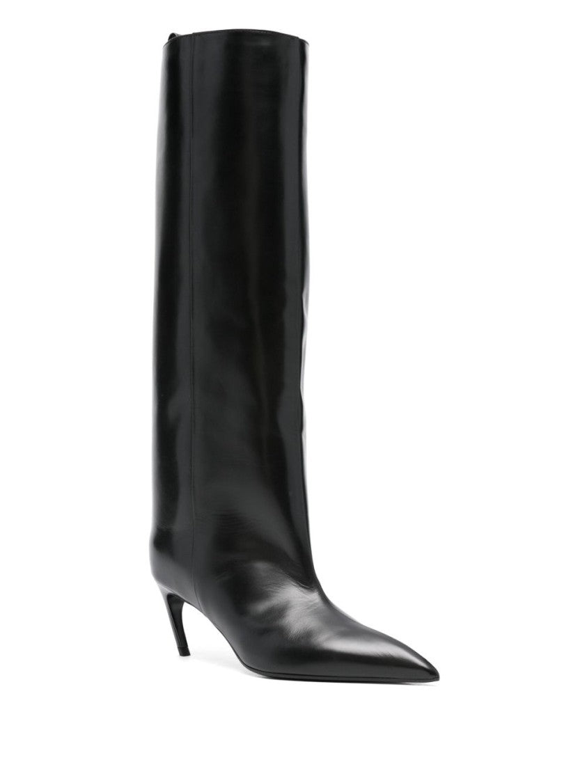 The Attico Knee-High Black Leather Boots With Pointed Toe