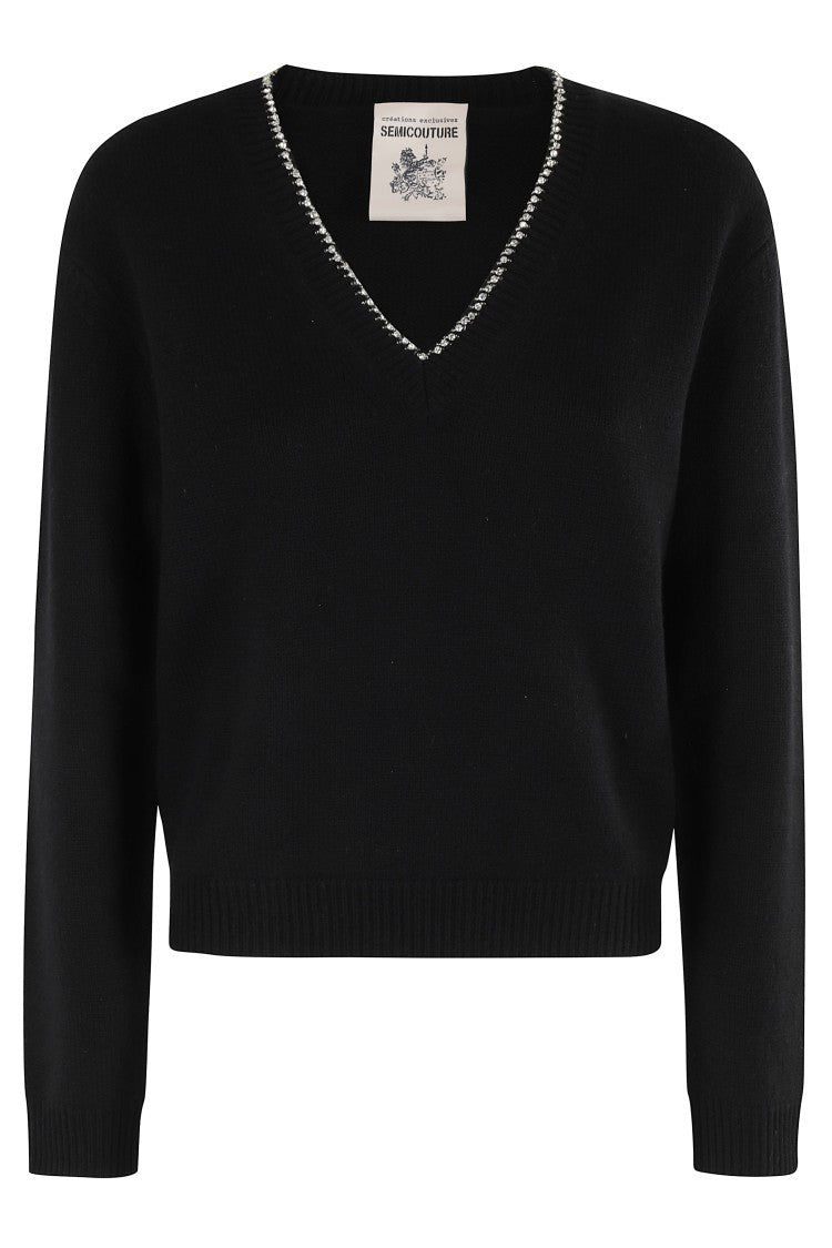 Semi Couture V-Neck Black Sweater With Rhinestone Detailing