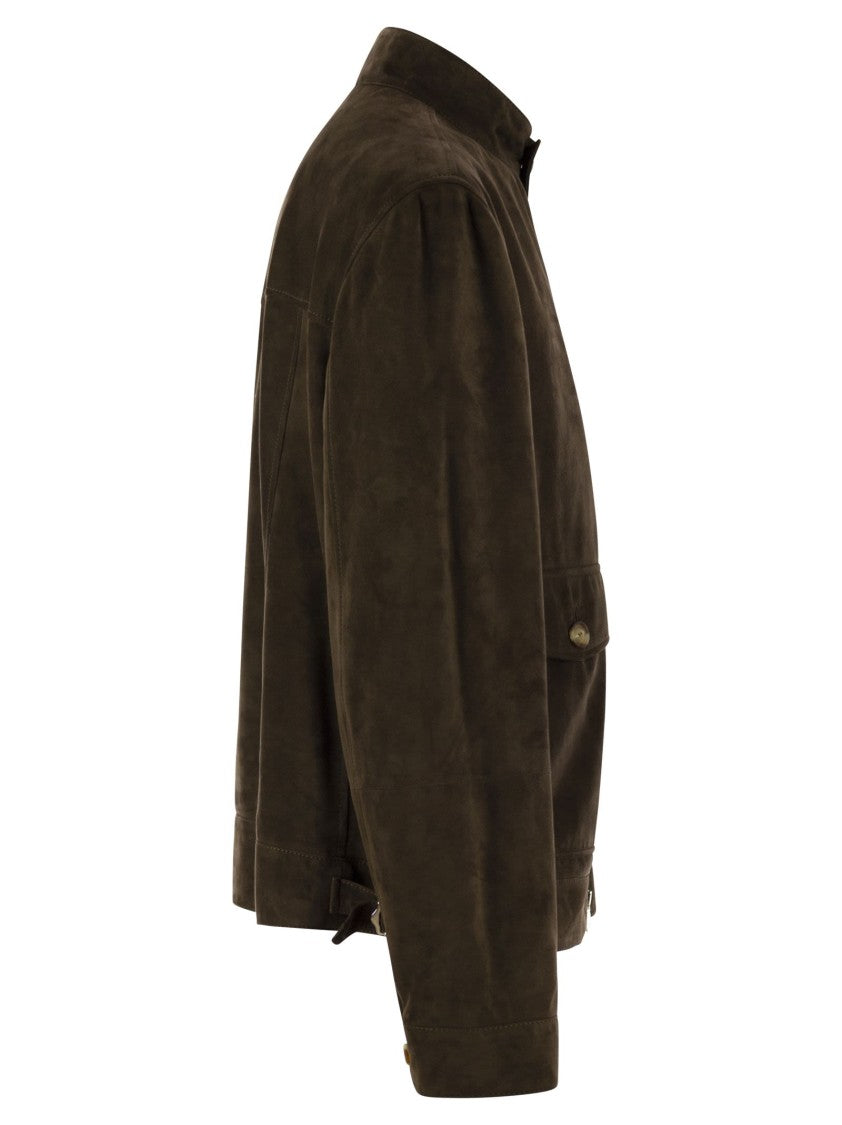 Brunello Cucinelli Brown Suede Zipped Jacket With Iconic Detailing