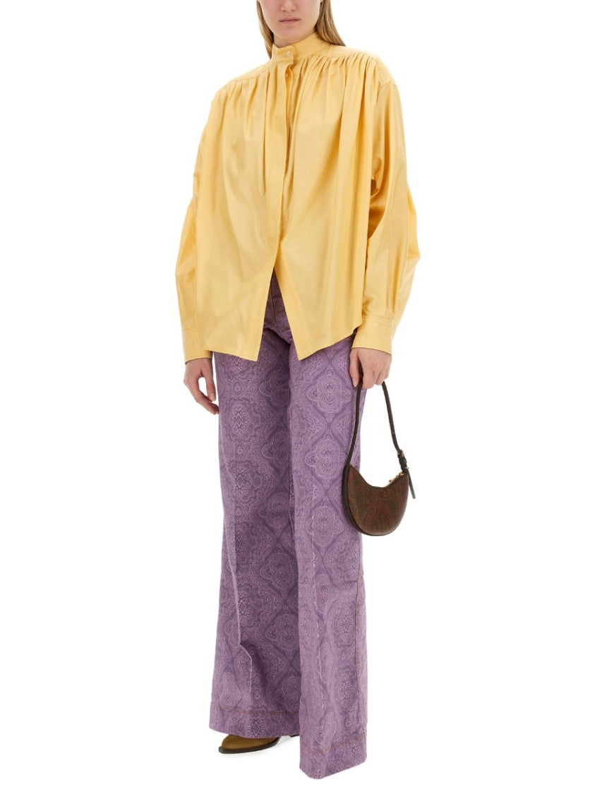 Etro Pleated High Collar Cotton Poplin Blouse