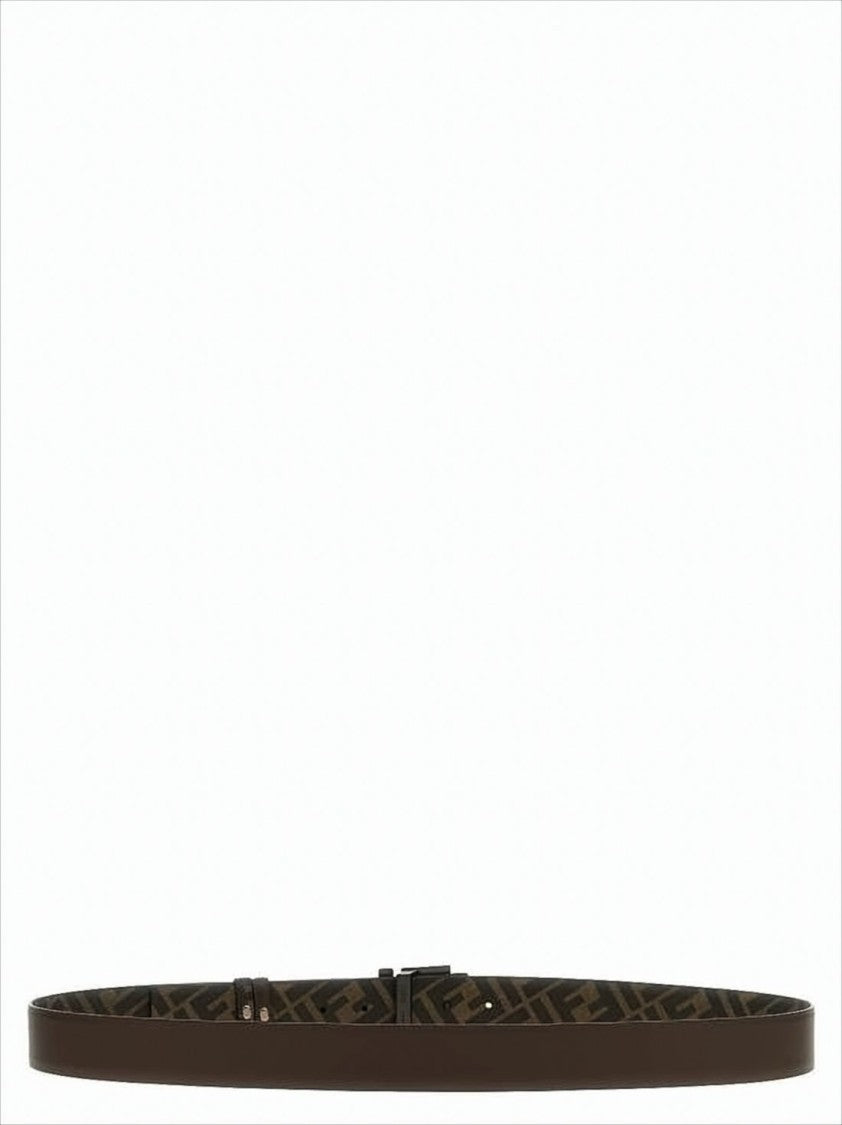 Fendi Dark Brown Calfskin Leather Belt With Monogram Pattern And Logo Buckle
