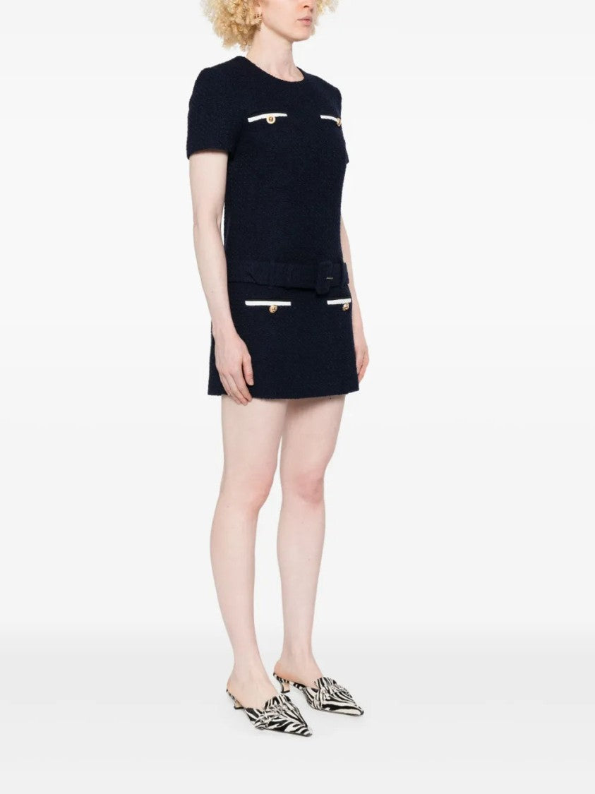 Self-Portrait Textured Bouclé Mini Dress With Fitted Silhouette And Belted Waist