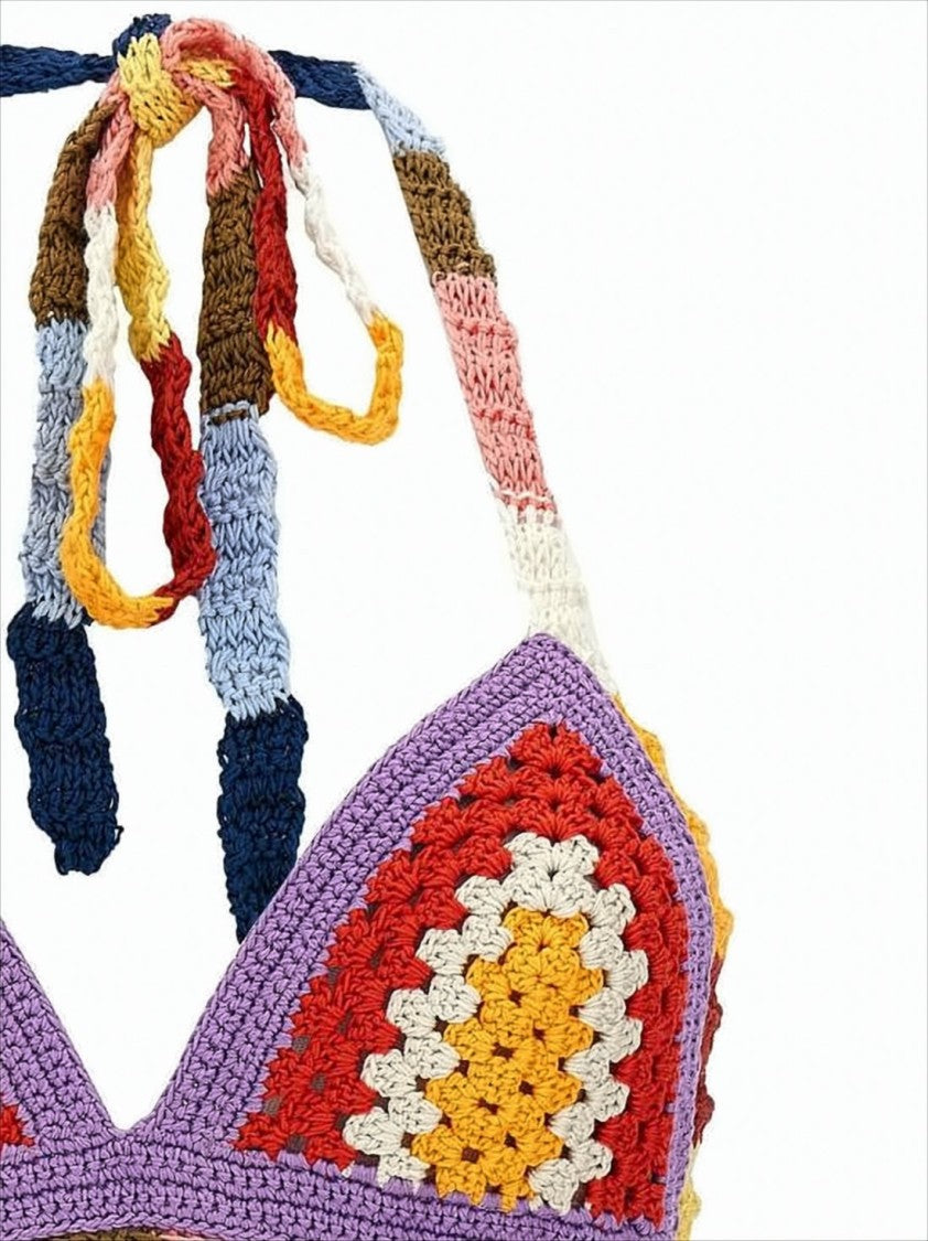 Marni Colorful Crochet Bralette With Halter Neck Tie And Striped Underbust Band