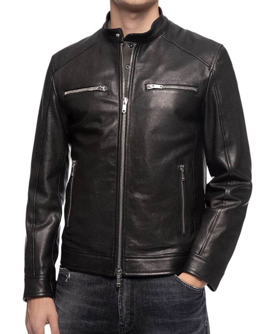 Dondup Smooth Black Leather Jacket With Stand Collar And Zippered Pockets