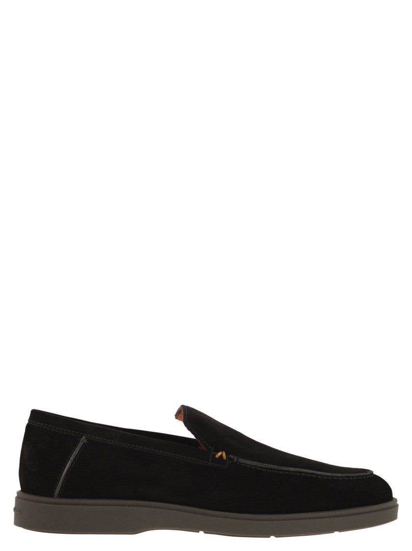 Santoni Fine Suede Moccasin With Signature Orange Accents