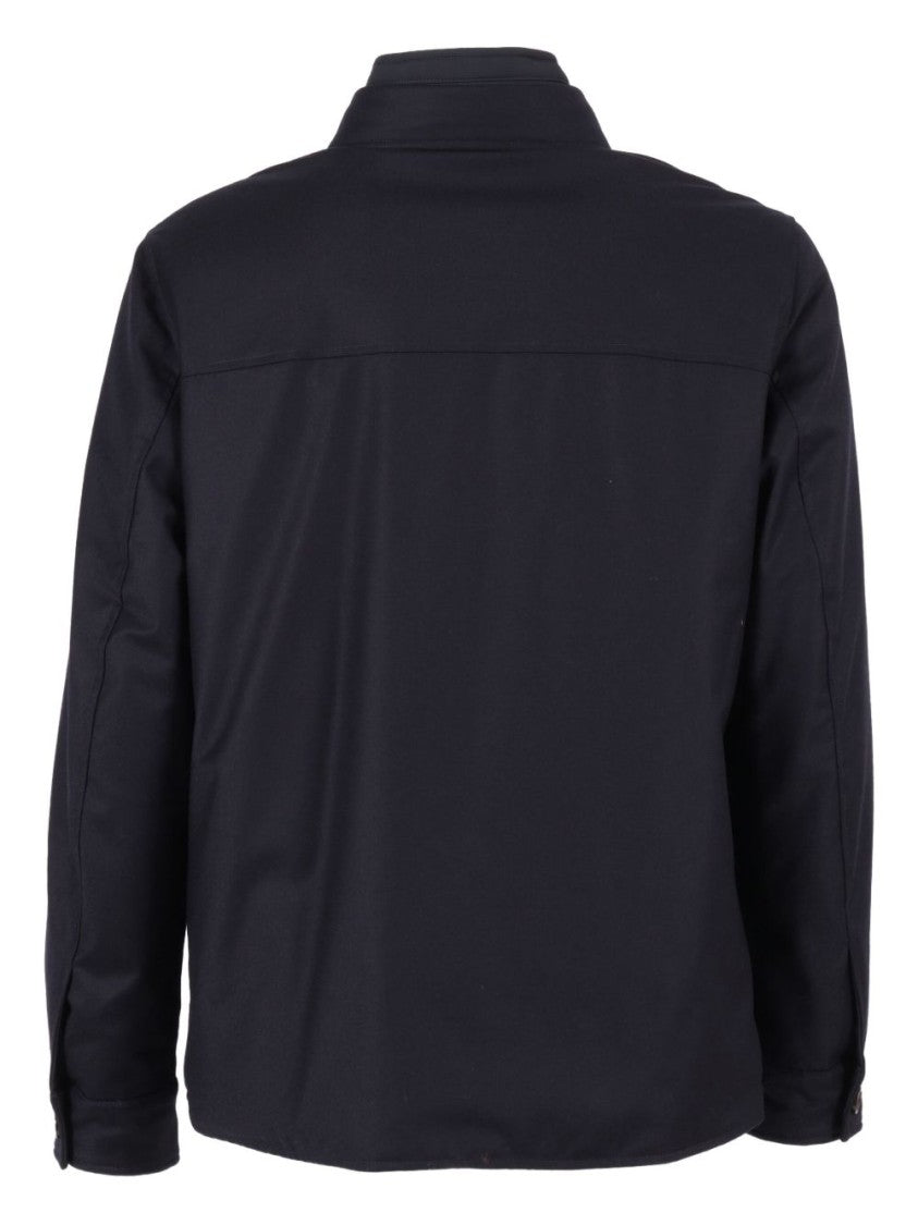 Moorer Navy Blue Wool-Blend Jacket With Flap Patch Pockets