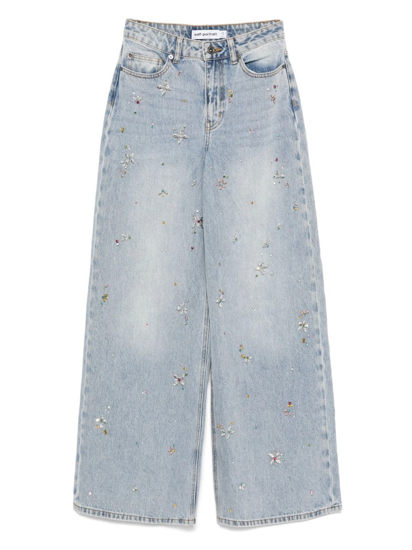 Self-Portrait Wide-Leg Jeans With Floral Embellishments