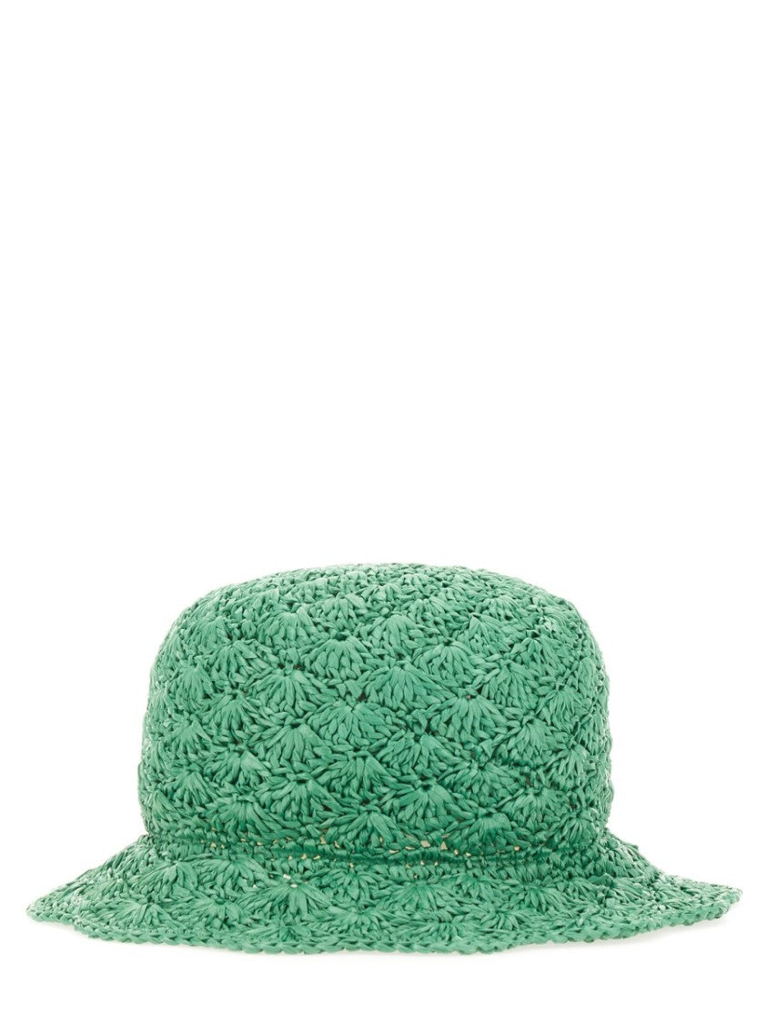 Red (V) Textured Raffia Bucket Hat With Wide Brim