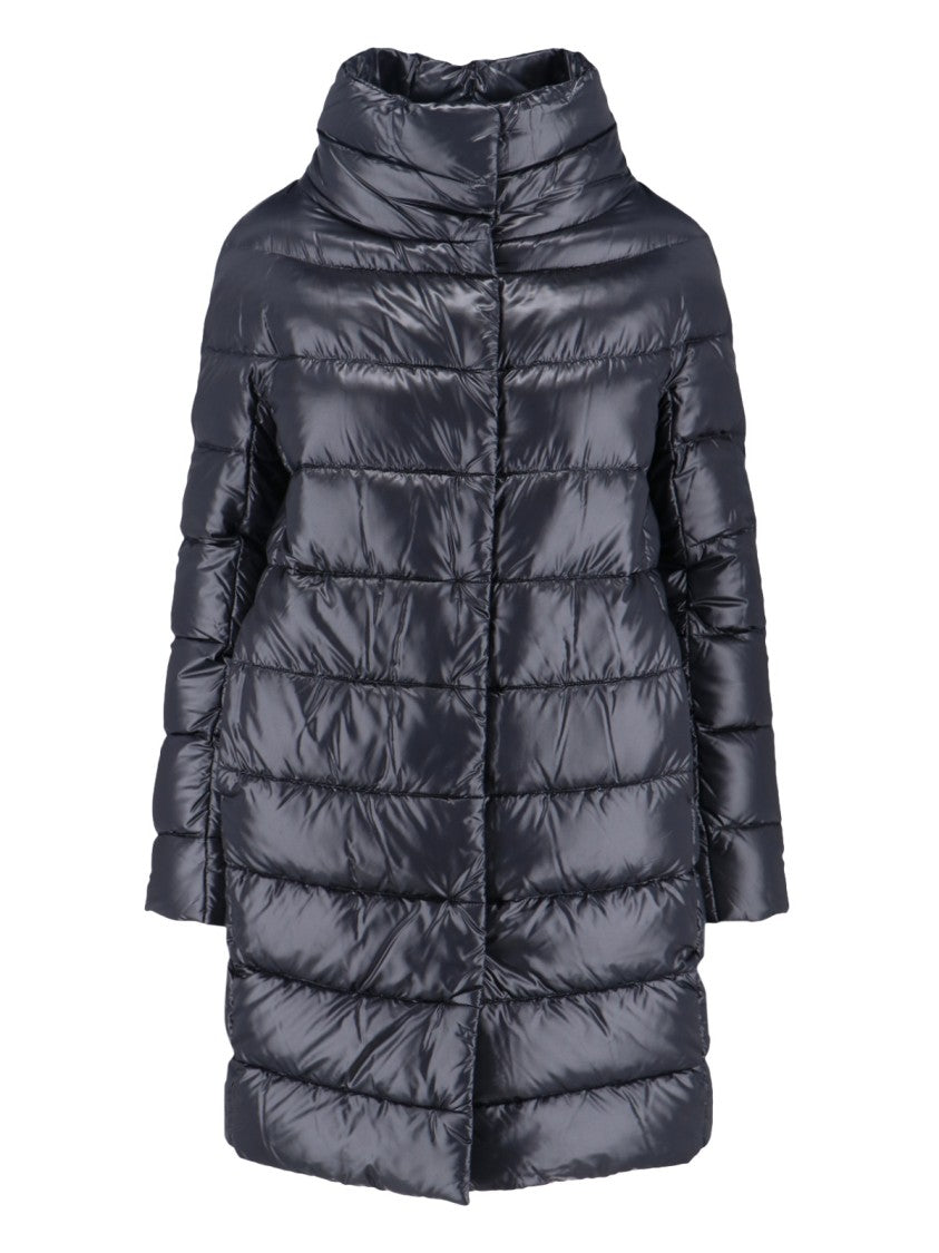 Herno Navy Long Puffer Jacket With High Collar