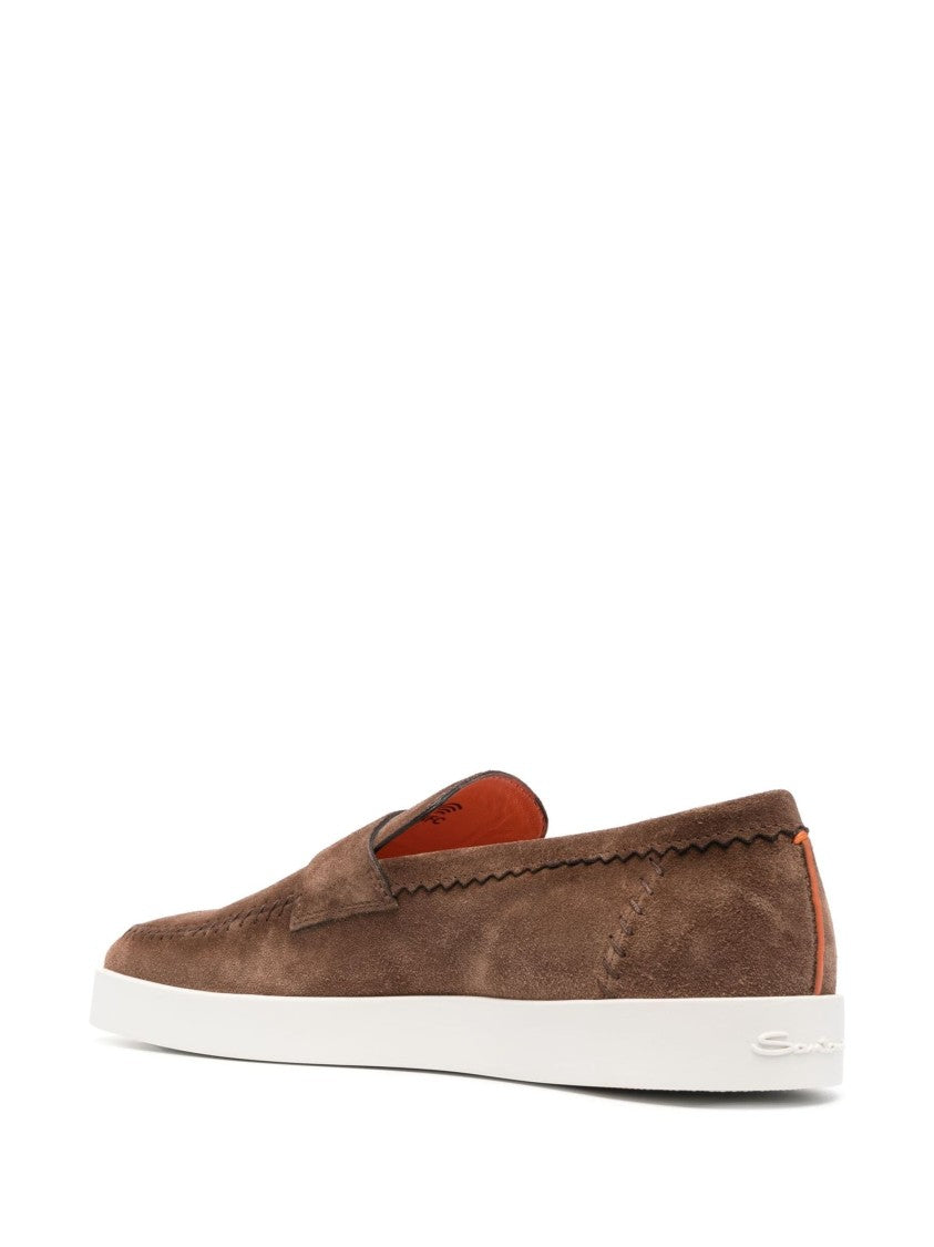 Santoni Brown Suede Loafers With Stitched Detail