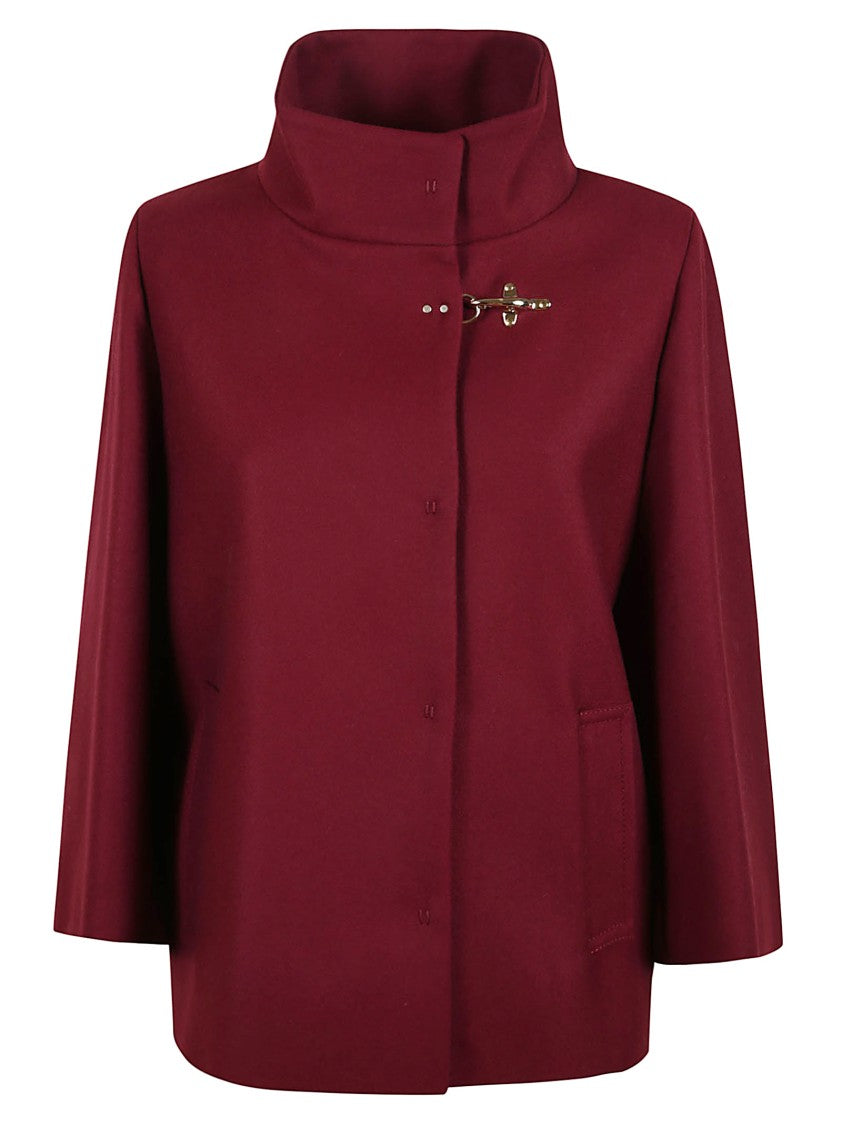 Fay Blood Red Jacket With Stand Collar And Iconic Hook Closure